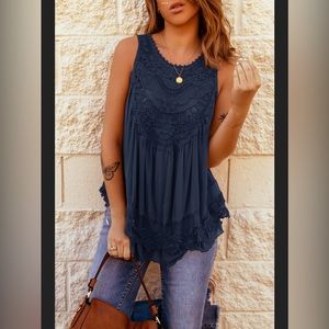 #17 So Pretty Navy Blue & Lace Sleeveless Top